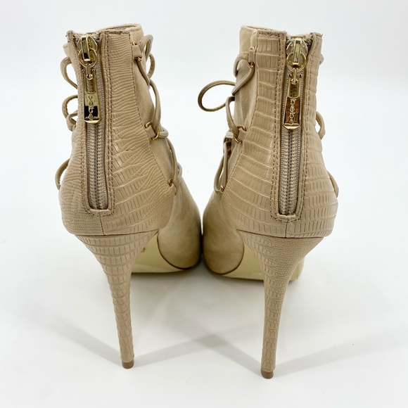 BEBE Benci High Heel Tassel Open Toe Nude Suede Ankle Bootie Size 9 - Picture 6 of 16